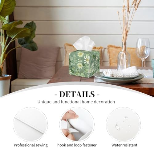 Green Floral Tissue Box Cover Square Leather Tissue Case Holder Facial Paper Organizer Dispenser Decorative for Tabletop Night Stands Desk Bathroom Kitchen Car Office Home Decor - Image 3