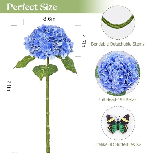 Waipfaru 21" Real Touch Dark Blue Hydrangea Artificial Flowers with Long Stem & Leaves, Full Latex Faux Hydrangea Flowers for Home Decor Party Floral Arrangements Wedding Bouquets Centerpieces, 4Pcs - Image 3