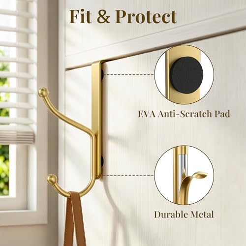 niffgaff Over Door Hook 4-Pack, Heavy Duty Door Hanger, Fits Interior Doors 1.4 Inches Thick, Organize Coats, Hats, Towels, and Bags for Entryways, Bathrooms, Bedrooms, and Kitchens, Gold - Image 4