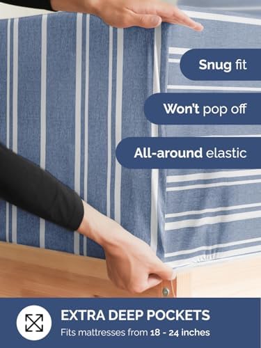 CGK Extra Deep Queen Single Fitted Sheet Only - Blue Stripes - Image 2