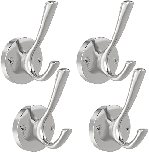 TOFIIGREM Brushed Nickel Wall Hooks, 4 Pack Heavy Duty Coat Towel Hook Metal Double Hook Wall Mounted Hanging, Bath Towel Hooks for Entryway Cubicle Bathroom Closet Garage by TOFIIGREM