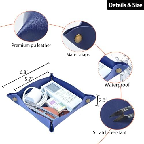 Leather Valet Tray for Women Men, Portable Entryway Table and Bedside Nightstand Desktop Storage Organizer, Leather Jewelry Catchall for Keys,Watch, Wallet, Coin, Jewelry (Dark Blue) - Image 6
