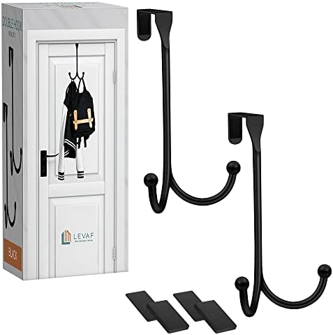 2-Pack Over The Door Hooks - with 2 Hang Heads & Snug Fit Pads Heavy Duty Hook for Hanging Coats, Towels, Caps & Robes - Elegant Matt Finish - No Drill Hanger Organizer - Black by LEVAF-ForTheFinalTouch