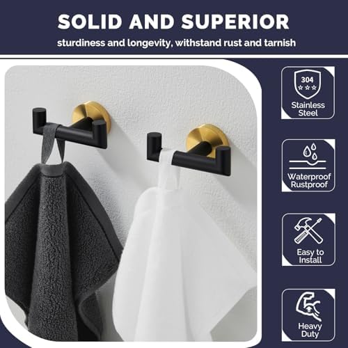 Angle Simple Double Towel Hooks, Bathroom Robe Coat Hook 2 Pack, Black Gold - Image 4