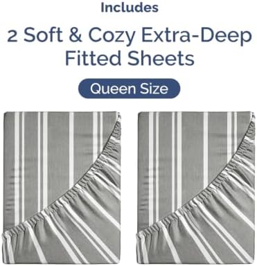 CGK Linens 2 Pack Extra Deep Queen Fitted Sheets - Grey Stripes - Image 4