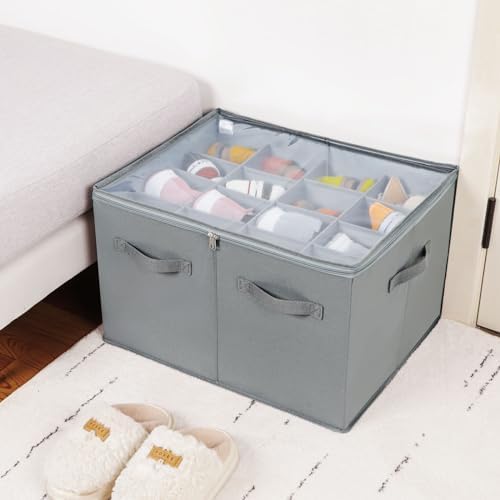 TOPIA HOME Shoe Organizer for Closet, Foldable Shoe Box with Adjustable Dividers and Clear Cover, Space Saving Shoe Storage Organizer Cabinet with Reinforced Handles, Fits 16 Pairs, Gray, TP09G - Image 5
