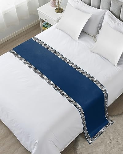 Abstract Greek Inspired Key Texture Bed Runners for Bedroom Hotel,Decorative Bedding Scarf Geometric Twist Line on Dark Blue Bed End Blanket Bedding Runner Scarves for Twin Size Bed,71x20in by ZFUNCING