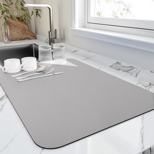 HotLive Dish Drying Mat for Kitchen Counter, Heat Resistant Drainer Mats with Non-slip Rubber Backed, Hide Stain Kitchen Super Absorbent Draining Mat, Easy to Clean Dish Rack Pad, Grey 18"x28" by HotLive