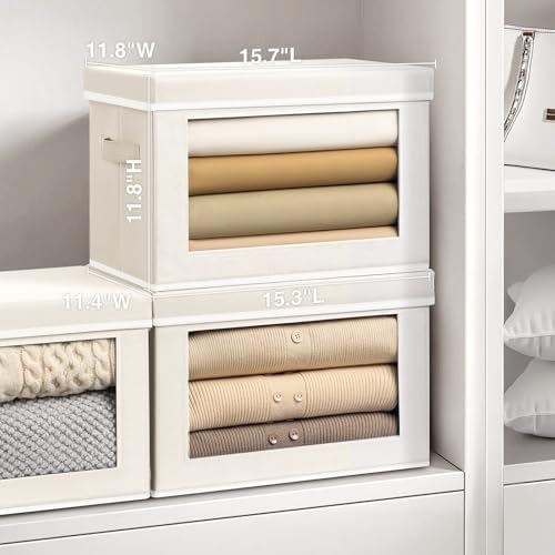 Homsorout Storage Bins with Lids - Large Decorative Basket with Lids, Fabric Foldable Closet Organizer Bins, Stackable Shelf Organizer for Living Room, Dorm, 5 Pack, Beige - Image 4