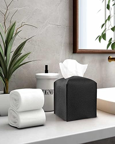 Leather Tissue Box Cover Square – Tissue Holder with Bottom Belt [JESMINI, Black] Aesthetic PU Leather Tissue Box Holder Decorative for Bathroom, Home Office Decor - Image 4