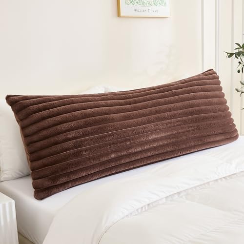 Full Body Pillow with Fluffy Stripe Faux Fur Removable Cover, Long Bed Pillow Adult 20x54 Inches for Side Sleeper and Pregnancy, Coffee. - Image 4