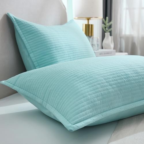 Stripe Quilted Pillowcases Set of 2, King Size Envelope Pillow Covers Soft Breathable Pillow Shams for Bed Couch (Aqua, 20"x36") - Image 4