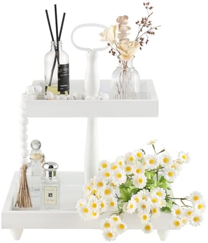Tiered Tray Stand, Rustic Wooden 2 Tier Decorative Tray with Bead Garland, Farmhouse Square Wood Serving Tray Counter Centerpiece for Coffee Bar Home Decor Holiday Christmas Housewarming Gifts (White) by SYNCVIBE