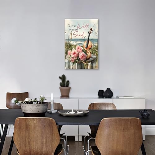 Violin Pictures Wall Art, Music Rustic Country Inspirational Bathroom Wall Decor, Coastal lighthouse Framed Painting Rose Aesthetics Canvas Artwork for Bedroom Living Room Decorations 24" L x 16" W - Image 5