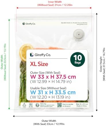 GIRAFFYCO 10 XL Reusable Vacuum Sealer Bags, 13 x 15 in, Food Storage Bags - Image 2