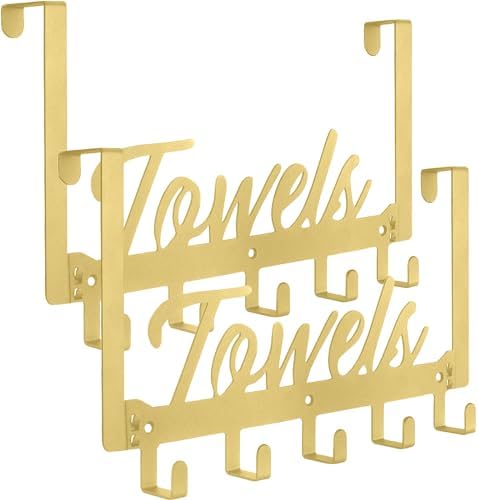 Azmoncy 2 Pack Over The Door Hooks, Towel Rack for Bathroom Towel Holder for Hanging Heavy Duty, Wall Mount Towel Hanger with 10 Hooks for Bedroom Bathroom Kitchen Towels, Bag, Coats(Gold) by Azmoncy