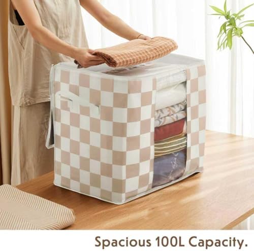 Ohocut Beige Checkered Clothes Storage Bins, 100L Large Blanket Storage Bags 3 Pack, Closet Organizers and Storage Containers for Comforters, Bedding, Foldable Organizer with Handle - Image 4