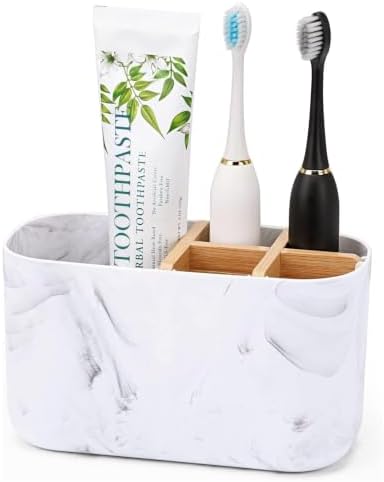 GFWARE Toothbrush Holders for Bathrooms, 5 Slots Bamboo Toothbrush Holder Kids Electric Toothbrush Holder and Toothpaste Holder for Bathroom Countertop Accessories Storage, Marble Toothbrush Organizer by GFWARE