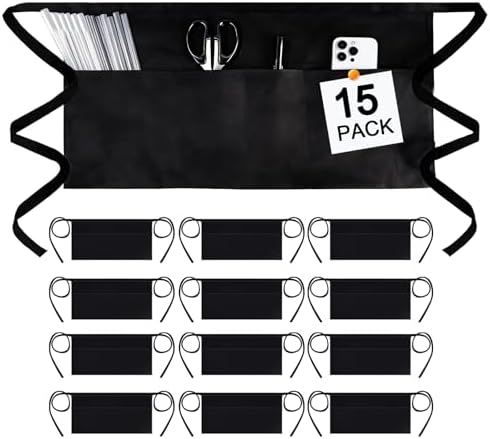 mwellewm 15 Packs Server Apron with 3 Pockets, Black Serving Half Waitress Apron for Women and Men, Widened and Extended Waist Strap Reinforced Seams Water and Stain Resistant for Book Phone by Mwellewm