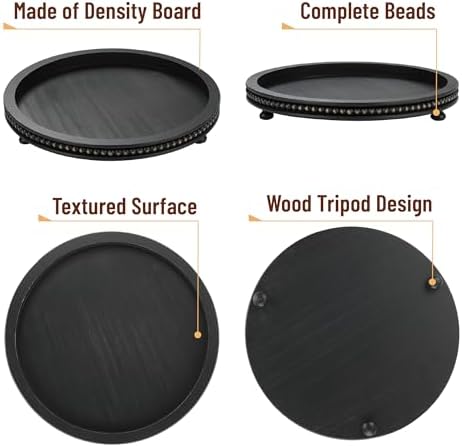 Bamboo Land- Round Decorative Trays for Coffee Table, 12", Black, Wood Tripod & Beaded Design, Wooden Round Tray for Coffee Table - Image 3