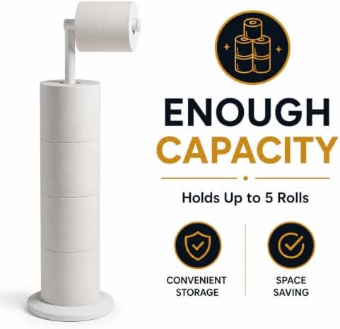 ZISH Toilet Roll Holder Free Standing - Stainless Steel Bathroom Toilet Paper Organizer and Dispenser – No Drill Toilet Roll Stand Freestanding - Up to 5 Toilet Roll Storage, White - Image 6