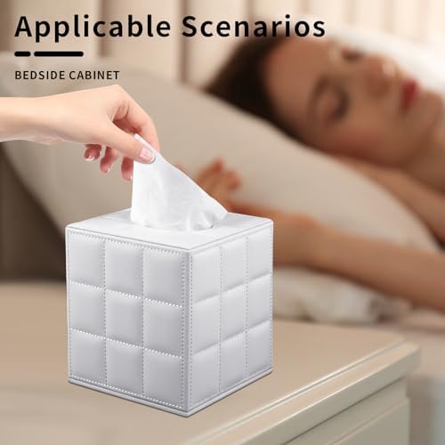 Tissue Box Cover Square,Stylish PU Leather Tissue Box Holder for Dresser Bathroom,Facial Tissue Holder with Magnetic Bottom for Home Office (White) - Image 2
