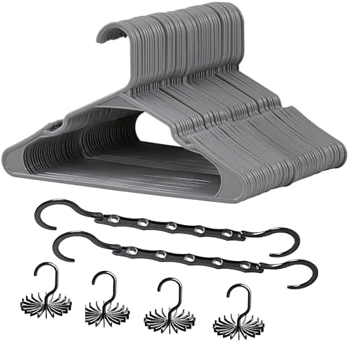 VECELO 100 Pack Plastic Hangers-Clothes Hangers Set with Shoulder Grooves for Closet Space Saving-Heavy Duty Coat Hanger,Gray by VECELO