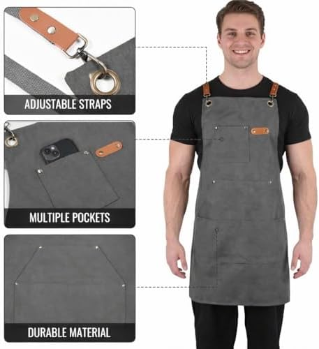 Canvas Chef Apron for Men and Women, Cotton, Cross-Back, 5 Pockets - Image 4