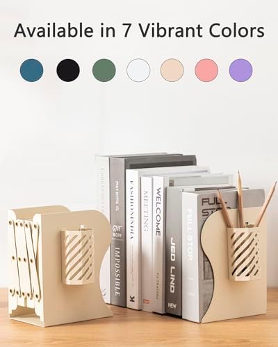 Kingsmile Book Ends, Adjustable Heavy Duty Metal Book Stoppers with Pen Holder for Desk Office Library Kids Room(Light Beige) - Image 5