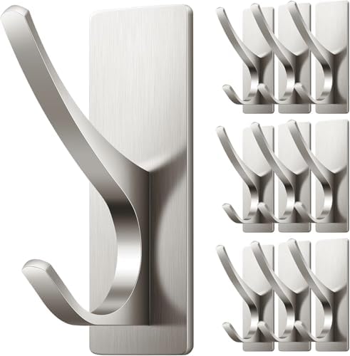 10 Pack Self Adhesive Towel Hooks: Extra Strong 13LB, Stainless Hook for Hanging Loofah, Towels, Coat, Bath Robe Bathroom Shower, Brushed Nickel by Josmimic