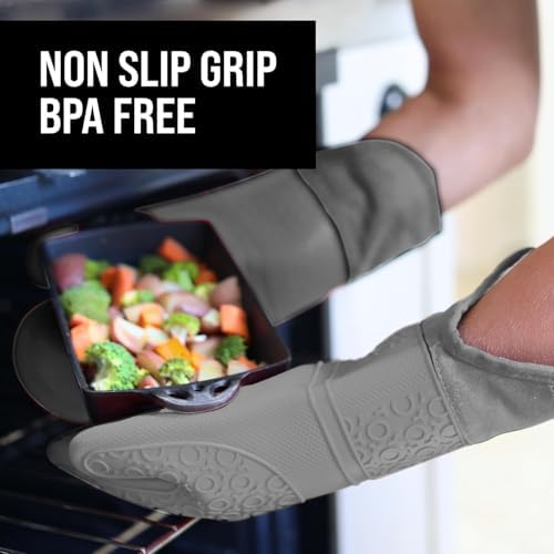 BPA-Free Soft Silicone Oven Mitts - Ultra Heat Resistant Oven Mitts with Thick Cotton Liner - Extra Long Slip Resistant Pot Holders, Flexible Oven Gloves - Gray 14.7" - Image 4