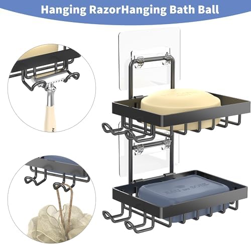 Moforoco Double Soap Bar Holder for Shower, No Drilling, 304 Stainless Steel, Wall Mounted Soap Holder with 4 Hooks and Razor Holder, Shower Rack Soap Tray Bar Soap for Bathroom Accessories Organizer - Image 3