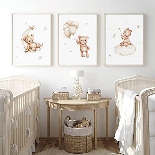 Baccone Bear Nursery Wall Art Decor Set of 3 Teddy Bear Canvas Wall Art Baby Boy Nursery Decor Prints Neutral Pictures Moon Star Cloud Print for Girls Children Room 12x16 Inch Unframed - Image 5