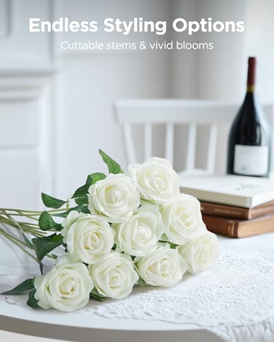 InnoGear White Roses Artificial Flowers 50 Pcs Fake Velvet Silk Rose Floral - Image 3