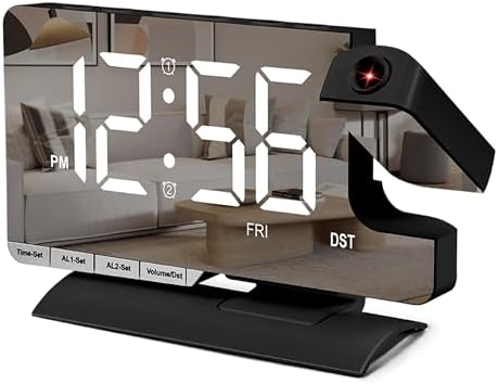 SZELAM Digital Clock,Alarm Clock Bedside with Projection,7.3" Mirror Clock with 180°Rotating Projector,Dual Alarm with 3 Mode,Brightnee Adjust,DST,Snooze,Charging Port,5 Levels Volume for Desk Teens by SZELAM