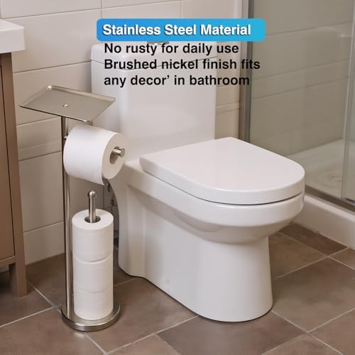 Toilet Paper Holder with Shelf, Freestanding Tissue Paper Stand with Storage Space for Extra 4 Toilet Paper Rolls (Stainless Steel Base, Brushed Nickel) - Image 6