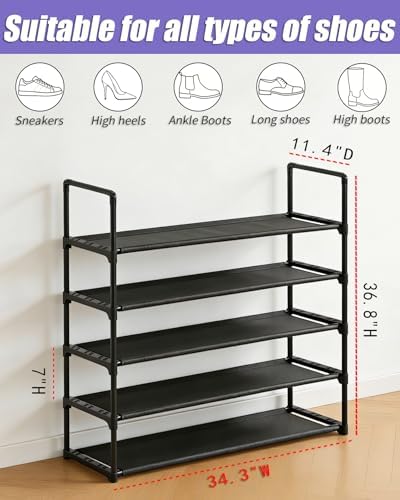 5 Tier Shoe Rack Large Capacity, 34.3" Wide Adjustable Shoe Organizer for 20-25 Pairs, Sturdy Non-Woven Shoe Rack Shelf Multi-Purpose Storage Unit for Closet, Hallway, Entryway,Garage,Black - Image 3