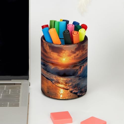 Leather Pen Holder for Desk, Coastal Sunset Pencil Cup Pen Organizer Makeup Brush Holder for Office Home Kids Countertop Desk Accessory Storage - Image 5