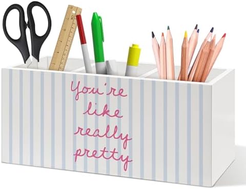 Inspirational Pen Holder, Positive Affirmations Office Pen Pencil Holder Organizer for Desk Accessories, Preppy Striped Wooden Box Desk Decor for Girls Room Bedroom Dorm Desk Decorations by DUXMNAMG