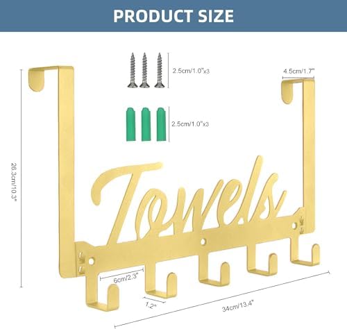 Azmoncy 2 Pack Over The Door Hooks, Towel Rack for Bathroom Towel Holder for Hanging Heavy Duty, Wall Mount Towel Hanger with 10 Hooks for Bedroom Bathroom Kitchen Towels, Bag, Coats(Gold) - Image 2