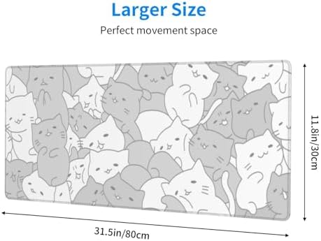White Kawaii Cats E-Sport Mouse Pad Large Desk Mat Non-Slip Rubber Base Stitched Edge Keyboard Mouse Pad for Office Home E-Sport Computer Laptop, 31.5×11.8 Inches - Image 2