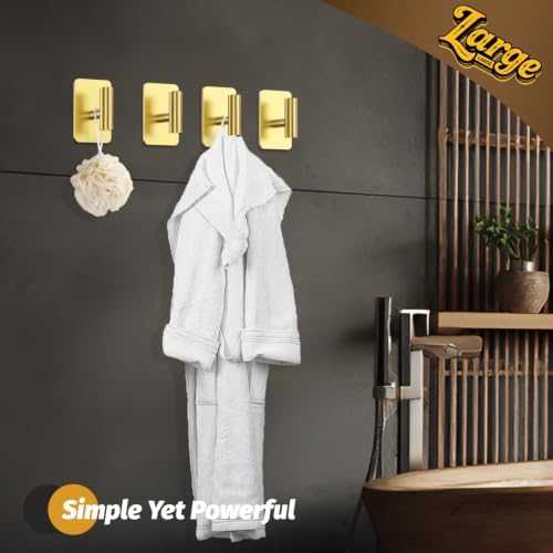 Heavy Duty Adhesive Hooks - 26lb Max, Sticky Wall Hooks Waterproof Stainless Steel for Hanging Towel, Coat, Robe, Towel Hooks Stick on Bathroom, Kitchen, Shower, Door (Gold, 4 Pack) - Image 2