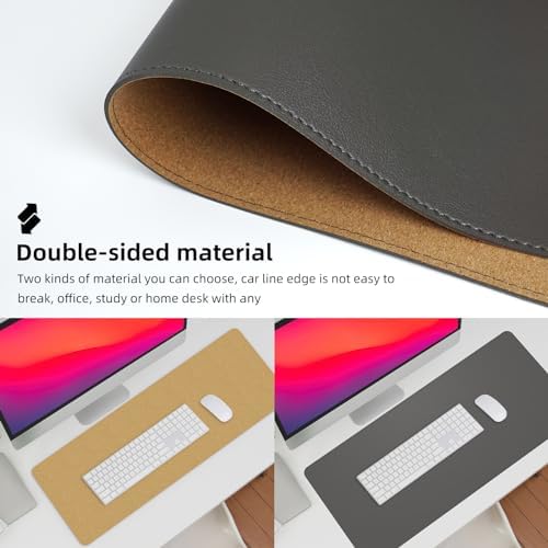 AFIING Leather Desk Pad Protector, 47" x 17" Large Desk Mat with Natural Cork & PU Leather, Mouse Pad, Non-Slip, Waterproof Desk Writing Pad for Office and Home (Dark Grey) - Image 3