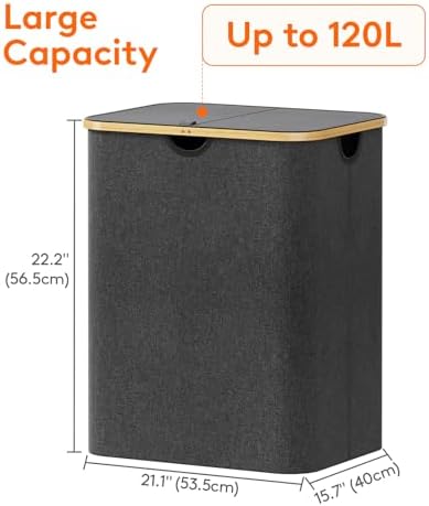 Lifewit 120L Large Laundry Basket with Lid, 2 Removable Bags, Dark Gray - Image 4