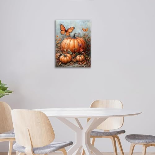 Fall Pumpkin Pictures Wall Art, Rustic Thanksgiving Bathroom Wall Decor, Farmhouse Autumn Butterfly Framed Painting Canvas Artwork for Harvest Gift Bedroom Living Room Decorations 20" L x 16" W - Image 5