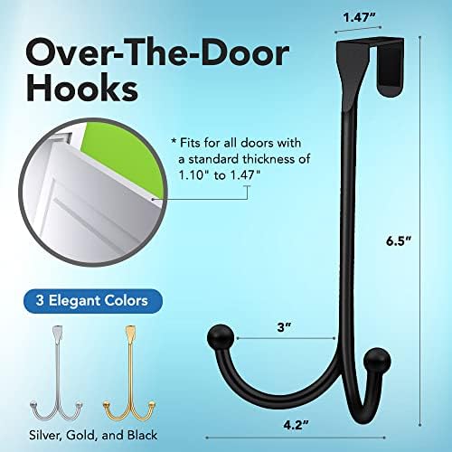 2-Pack Over The Door Hooks - with 2 Hang Heads & Snug Fit Pads Heavy Duty Hook for Hanging Coats, Towels, Caps & Robes - Elegant Matt Finish - No Drill Hanger Organizer - Black - Image 2