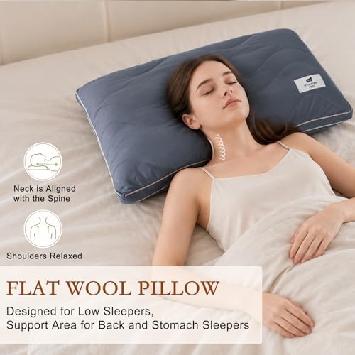 YOUR MOON Natural Wool Pillow Standard, Flat & Thin Wool Pillow for Sleeping, Low-Loft Bed Pillows for Back and Stomach Sleepers, Breathable Cotton Cover(Gray) - Image 5