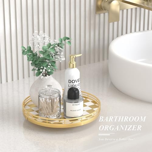 AMH 10-Inch Gold Checkerboard Lazy Susan Vanity Tray with Metal Rail - Image 5