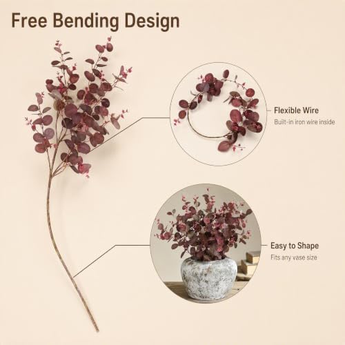 6Pcs 30in Fall Burgundy Artificial Eucalyptus Leaves Stems - Image 3