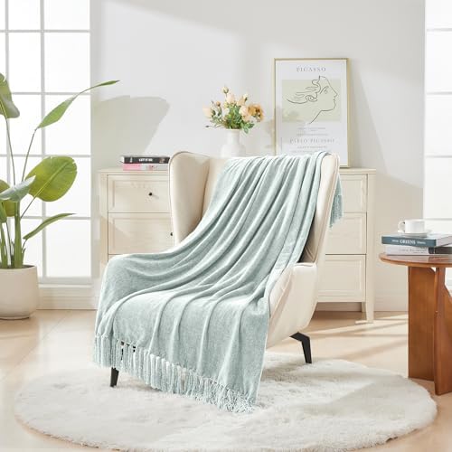 CozeCube Chenille Throw Blanket, Baby Blue Fringe Blanket, 60"X80" - Image 2